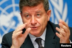 FILE - Guy Ryder, Director-General of the International Labor Organization (ILO) during a news conference in Geneva, May 26, 2014.