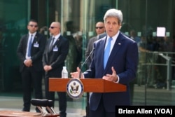 U.S. Secretary of State John Kerry, in Vienna, Austria, for Iran nuclear discussions, spoke to President Barack Obama's announcement that the U.S. and Cuba had agreed to reopen embassies in each other's capitals, July 1, 2015.