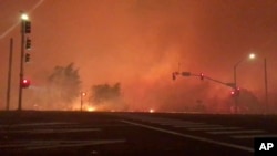 In this image from video released by Chase Bonefant @ChaseBonenfant, shows the Lilac fire burning in Bonsall, Calif. A brush fire driven by gusty winds exploded rapidly Thursday north of San Diego, destroying dozens of trailer homes in a retirement community and killing race horses at an elite training facility.