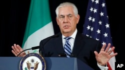 FILE - Secretary of State Rex Tillerson speaks to the media at the State Department in Washington, May 18, 2017.