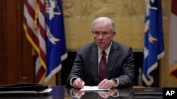 Attorney General Jeff Sessions holds a meeting with the heads of federal law enforcement components at the Department of Justice in Washington, Feb. 9, 2017. 