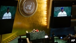 Sierra Leone's President Julius Maada Bio speaks during the United Nations General Assembly at United Nations headquarters, Sept. 26, 2019.