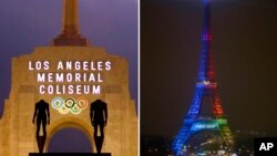 FILE - At left is a Feb. 13, 2008, file photo showing the facade of Los Angeles Memorial Coliseum in Los Angeles.