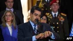 Venezuelan President Nicolas Maduro speaks after meeting Chilean High Commissioner for Human Rights Michelle Bachelet at Miraflores Presidential Palace in Caracas, on June 21, 2019. 