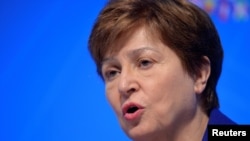 FILE - International Monetary Fund (IMF) Managing Director Kristalina Georgieva makes remarks at a news conference during the IMF and World Bank's 2019 Annual Meetings, in Washington, Oct. 19, 2019.