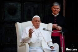 FILE—Pope Francis speaks outside of Basilica of San Zeno, in Verona, Italy, May 18, 2024.