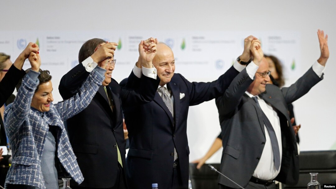 FILE - Participants react during the final plenary session at the World Climate Change Conference 2015 (COP21) at Le Bourget, near Paris, France, Dec. 12, 2015. 