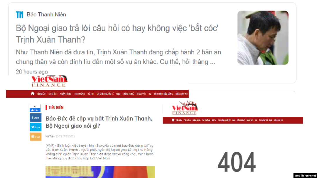 Các trang báo Việt Nam đăng nội dung trả lời của Người phát ngôn Bộ Ngoại giao Việt Nam Lê Thị Thu Hằng hôm 25/2/2021 về việc bắt cóc Trịnh Xuân Thanh nhưng sau đó đã gỡ bài. Photo Thanh Nien và Vietnam Finance.