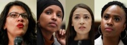 President Donald Trump portrays Rep. Rashida Tlaib, D-Mich., left, Rep. Ilhan Omar, D-Minn., 2nd left, Rep. Alexandria Ocasio-Cortez, D-NY., 3rd left, and Rep. Ayanna Pressley, D-Mass., right, as foreign-born troublemakers.