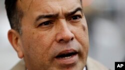 Dissident Venezuelan General Antonio Rivero speaks to the media outside the United Nations headquarters in New York, Jan. 29, 2015