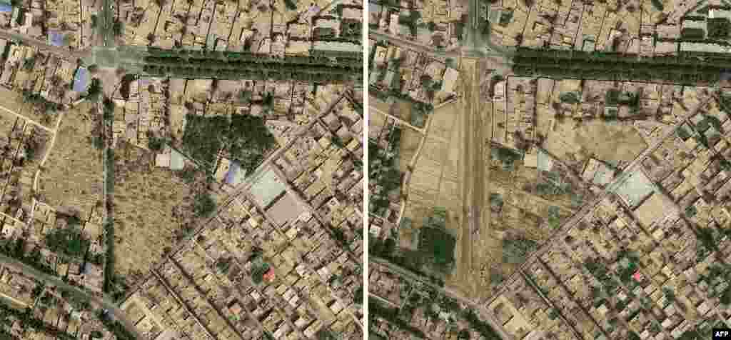 Teywizim cemetery (C) in Hotan, Xinjiang province, April 24, 2018, and the same view on Aug. 6, 2019 with no sign of the facility. China is destroying Uighur families&#39; burial grounds. (Credit: CNES 2019, distributed by Airbus DS and produced by Earthrise)