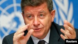 FILE - Guy Ryder, Director-General of the International Labor Organization (ILO) during a news conference at the U.N. European headquarters in Geneva, May 26, 2014. 