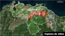 Mapa de Venezuela donde resalta el Arco Minero capturado del documental 'El Arco Minero ¿Ecocidio o Suicidio?'. [Foto: SOS Orinoco - Captura de Video]