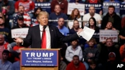 Republican presidential candidate Donald Trump speaks during a campaign stop at the Allen County War Memorial Coliseum, Sunday, May 1, 2016.