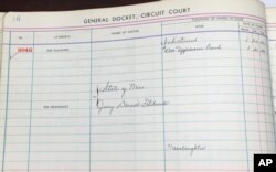 This July 30, 2018, photo shows a court docket with Jerry Darnell Glidewell pleading guilty to manslaughter in January 1960 to the 1959 killing of teenager William Roy Prather in Corinth, Miss.
