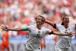 U.S. player Megan Rapinoe celebrates after scoring the opening goal during the World Cup final match against The Netherlands outside Lyon, France, July 7, 2019.