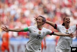 U.S. player Megan Rapinoe celebrates after scoring the opening goal during the World Cup final match against The Netherlands outside Lyon, France, July 7, 2019.