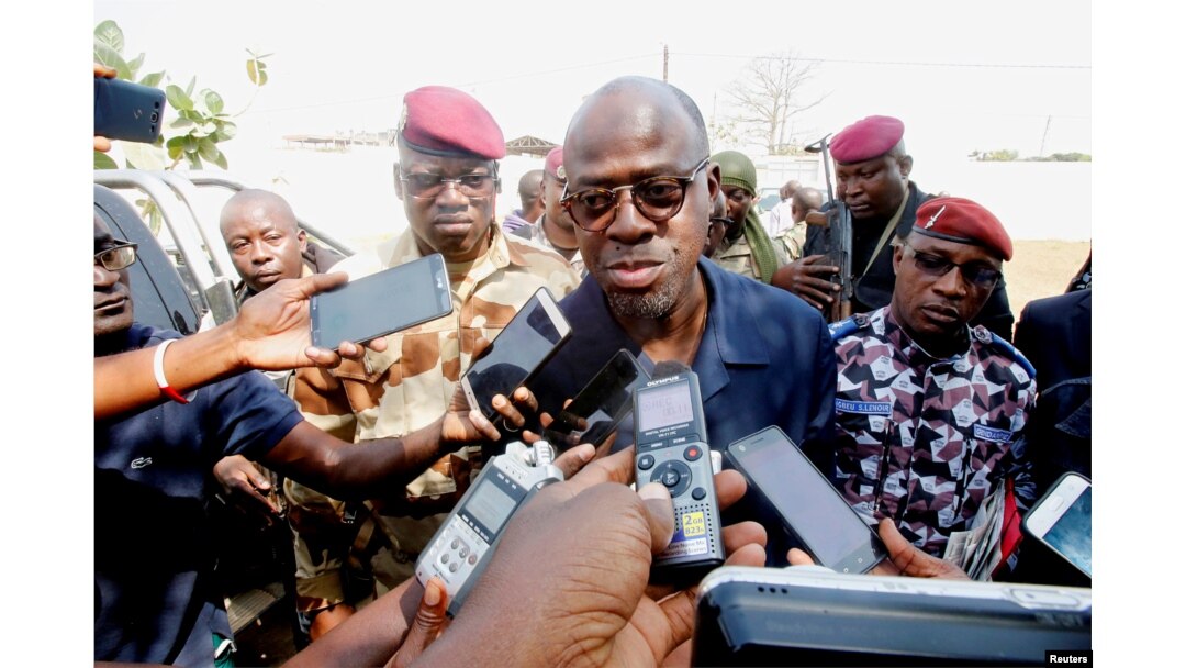 FILE - Ivory Coast's Minister of Defense Alain-Richard Donwahi speaks to the media in Bouake, Ivory Coast, Jan. 7, 2017.