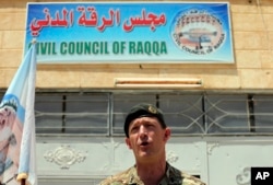 General Rupert Jones, deputy commanding general of the Coalition Joint Task Force, speaks during a press conference at the Civil Council of Raqqa, Syria, July 23, 2017.