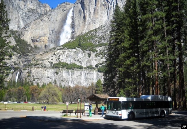 This April 2013 photo shows the bus at Yosemite National Park picking up passengers at Sentinel Bridge, with Yosemite Falls in the background.