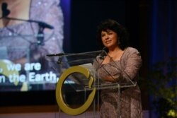 FILE - Honduran environmentalist Berta Caceres speaks in San Francisco during the 2015 Goldman Environmental Prize award ceremony, April 20, 2015.
