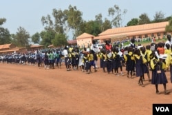 Students march through the street in a get-back-to-school campaign launched in Imatong state, South Sudan, June 7, 2017. (D. Silva/VOA)