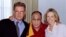 FILE - From left, actor Harrison Ford, the Dalai Lama of Tibet and Harrison's then-wife, Melissa Mathison, pose at a fundraiser for Tibet at the Regent Beverly Wilshire Hotel in Los Angeles, Aug. 1, 1996. Mathison died Nov. 4, 2015, at the age of 65.