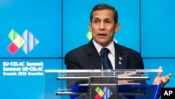 FILE - Peruvian President Ollanta Humala, pictured at the EU-CELAC summit in Brussels in June, has declared several emergencies during his four years in office to calm protests against mining projects.