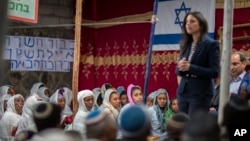 Israeli Justice Minister Ayelet Shaked speaks to members of Ethiopia's Jewish community, during a visit to a synagogue in Addis Ababa, Ethiopia, April 22, 2018.
