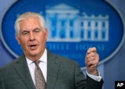 U.S. Secretary of State Rex Tillerson talks to reporters during the daily media briefing in the Brady Press Briefing Room at the White House, in Washington, Nov. 20, 2017.