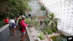 In this July 31, 2015 photo, tourists check out the Biosphere 2 Ocean, which holds a million gallons of seawater, in Oracle, Ariz. (AP Photo/Ross D. Franklin)