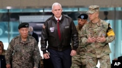 U.S. Vice President Mike Pence arrives at the border village of Panmunjom in the Demilitarized Zone which has separated the two Koreas since the Korean War, South Korea, April 17, 2017. 