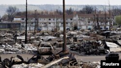The devastated neighborhood of Abasand is shown after being ravaged by a wildfire in Fort McMurray, Alberta, Canada, May 13, 2016.