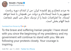 Screen grab of President Donald Trump's second and most liked Farsi-language tweet posted on Jan. 11, 2020.