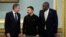 U.S. Secretary of State Antony Blinken, left, and Britain's Foreign Secretary David Lammy, right, pose for a photo with Ukraine’s President Volodymyr Zelenskyy at the Mariinsky Palace in Kyiv, Ukraine, Sept. 11, 2024. 