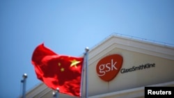 制药公司葛兰素史克在上海的办公楼前飘扬着中国国旗