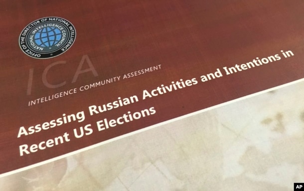 A part of the declassified version Intelligence Community Assessment on Russia's efforts to interfere with the U.S. political process is photographed in Washington, Jan. 6, 2017.