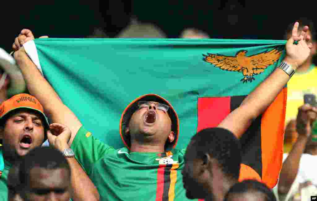A Zambian soccer fan reacts, during the African Cup of Nations Group C match against Nigeria at Mbombela Stadium, in Nelspruit, South Africa. 