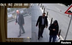 FILE - Images taken from two different CCTV videos and obtained by Turkish security sources claim to show Saudi journalist Jamal Khashoggi as he arrives at Saudi Arabia's Consulate and another man allegedly wearing Khashoggi's clothes while walking in Ista