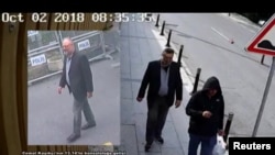 Gambar yang diambil dari rekaman video dua CCTV yang berbeda dan didapat oleh sumber-sumber keamanan Turki mengklaim gambar wartawan Saudi Jamal Khashoggi saat tiba di Konsulat Arab Saudi dan pria lainnya yang diduga mengenakan pakaian Khashoggi saat berjalan di Istanbul, Turki, 2 Oktober 2018.