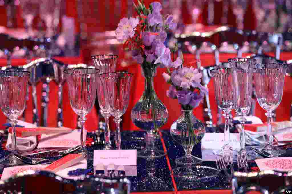 Tables and decorations are set up for the annual Rose Ball at the Monte-Carlo Sporting Club in Monaco during the 71th annual Red Cross Gala.