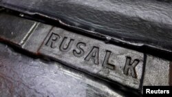 FILE - Aluminum ingots are seen stored at the foundry shop of the Rusal Krasnoyarsk aluminum smelter in the Siberian city of Krasnoyarsk, Russia, Nov. 9, 2017.