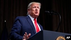 El presidente Donald Trump habla ante el Club Económico de Nueva York el martes, 12 de noviembre de 2019.