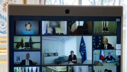 Anëtarë të Këshillit Evropian gjatë diskutimeve përmes video-konferencës me Pallatin Elysee në Paris, më 26 mars 2020.