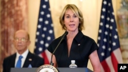 FILE - In this Sept. 21, 2020, file photo, U.S. Ambassador to the United Nations Kelly Craft speaks during a news conference at the U.S. State Department in Washington. According to the United States Mission to the United Nations, Craft will travel…