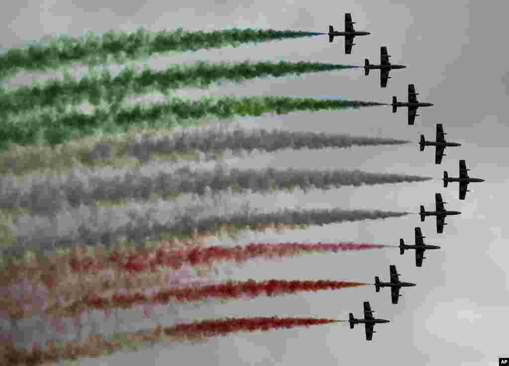 The Frecce Tricolori Italian Air Force aerobatic team performs during the Airpower 19 airplane show in Zeltweg, Styria, Austria. 