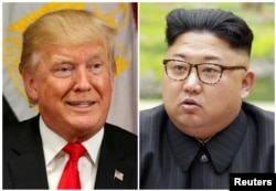 A combination photo shows President Donald Trump in New York, Sept. 21, 2017, and North Korean leader Kim Jong Un in this undated photo released by North Korea's Korean Central News Agency in Pyongyang, Sept. 4, 2017.