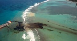 A general view shows the bulk carrier ship MV Wakashio, that ran aground on a reef, at Riviere des Creoles, Mauritius, in this handout image obtained by Reuters, Aug. 10, 2020.