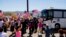 Demonstrators block the buses carrying the undocumented, who were scheduled to be processed at the Murrieta Border Patrol Station in Murrieta, California, July 1, 2014. 