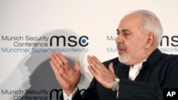 Iranian Foreign Minister Mohammad Javad Zarif speaks on the second day of the Munich Security Conference in Munich, Germany, Feb. 15, 2020.